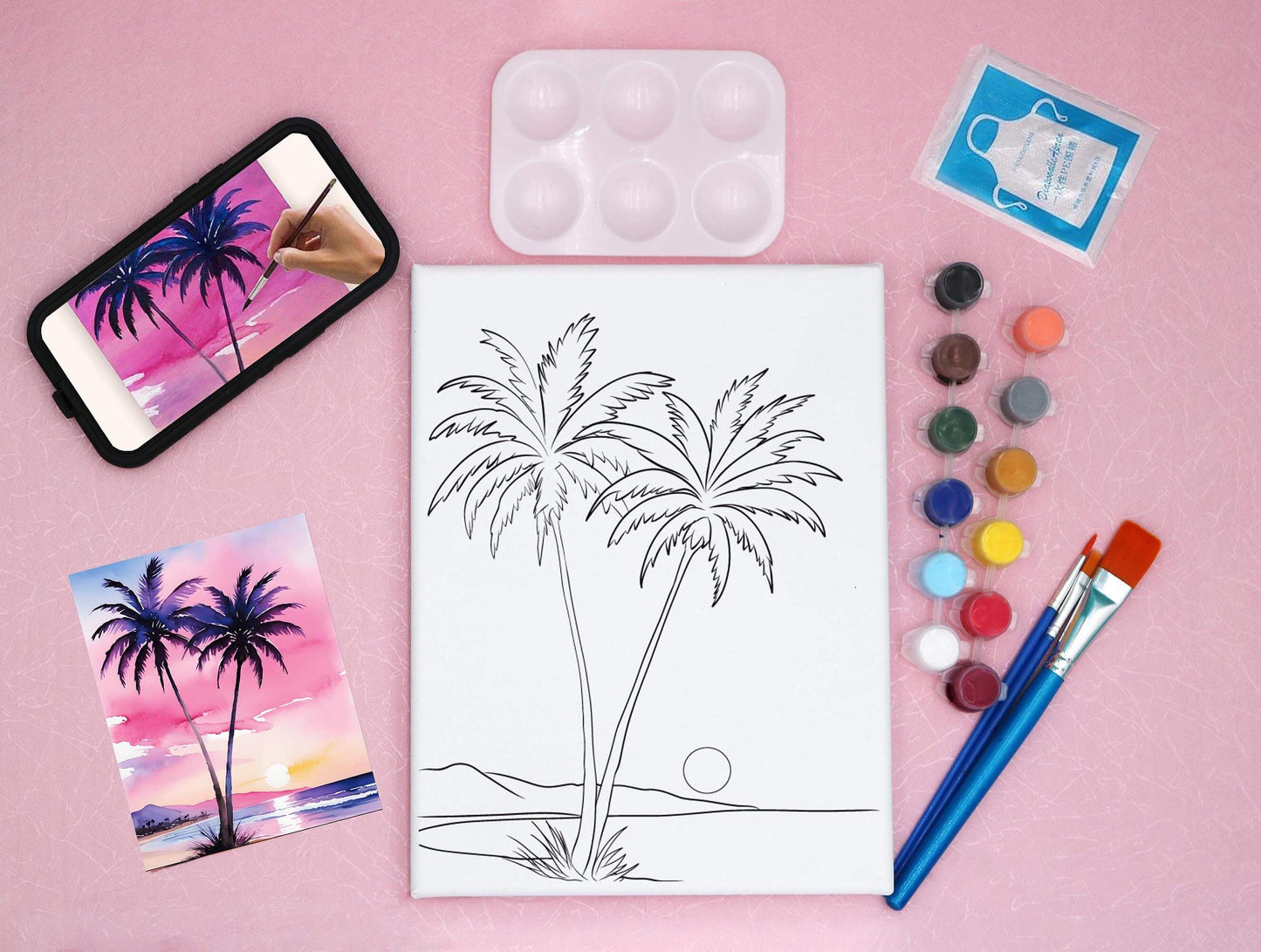 pre-drawn canvas kit with video, acrylic paints, art palette and reference card, featuring two palm trees in the beach