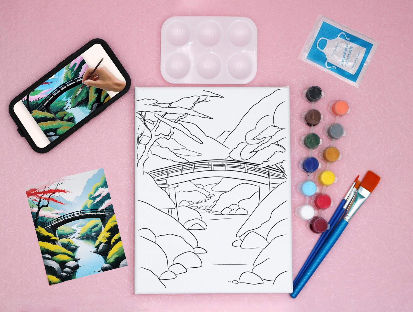 pre-drawn canvas kit with video, acrylic paints, art palette and reference card, featuring a bridge and a river