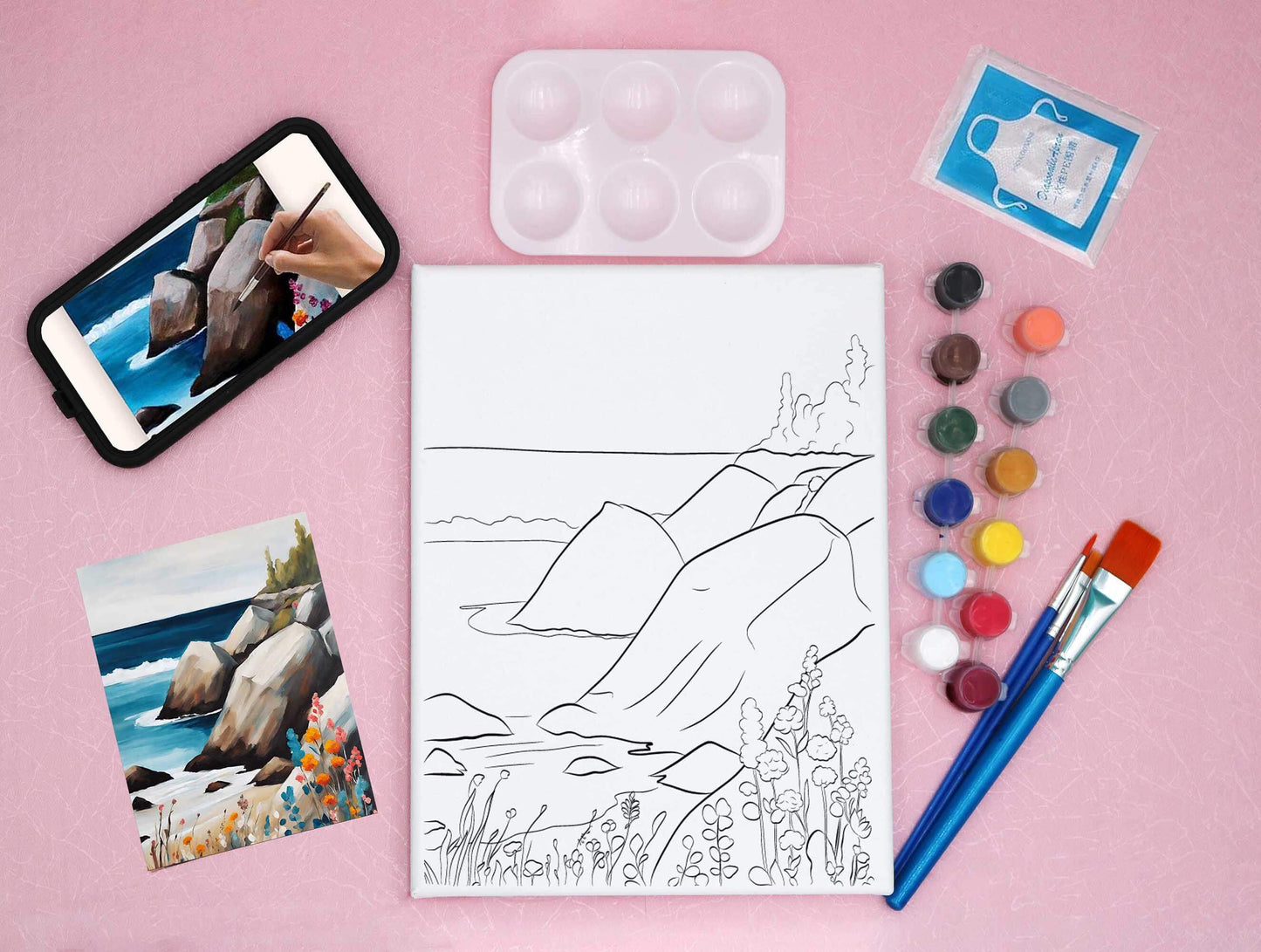 pre-drawn canvas kit with video, acrylic paints, art palette and reference card, featuring the coast, shore and rocks