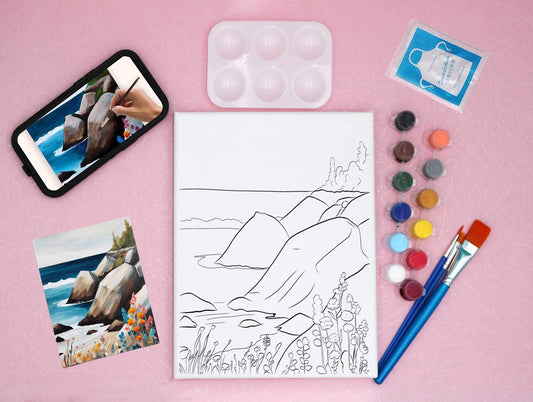Coastal Serenity- Pre-drawn Canvas Acrylic Painting Kit with Follow-along Video