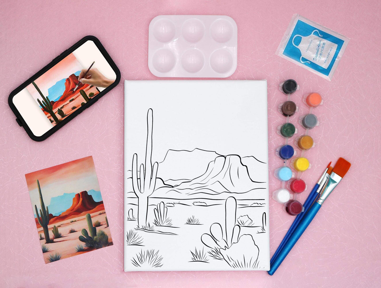 pre-drawn canvas kit with video, acrylic paints, art palette and reference card, featuring a desert