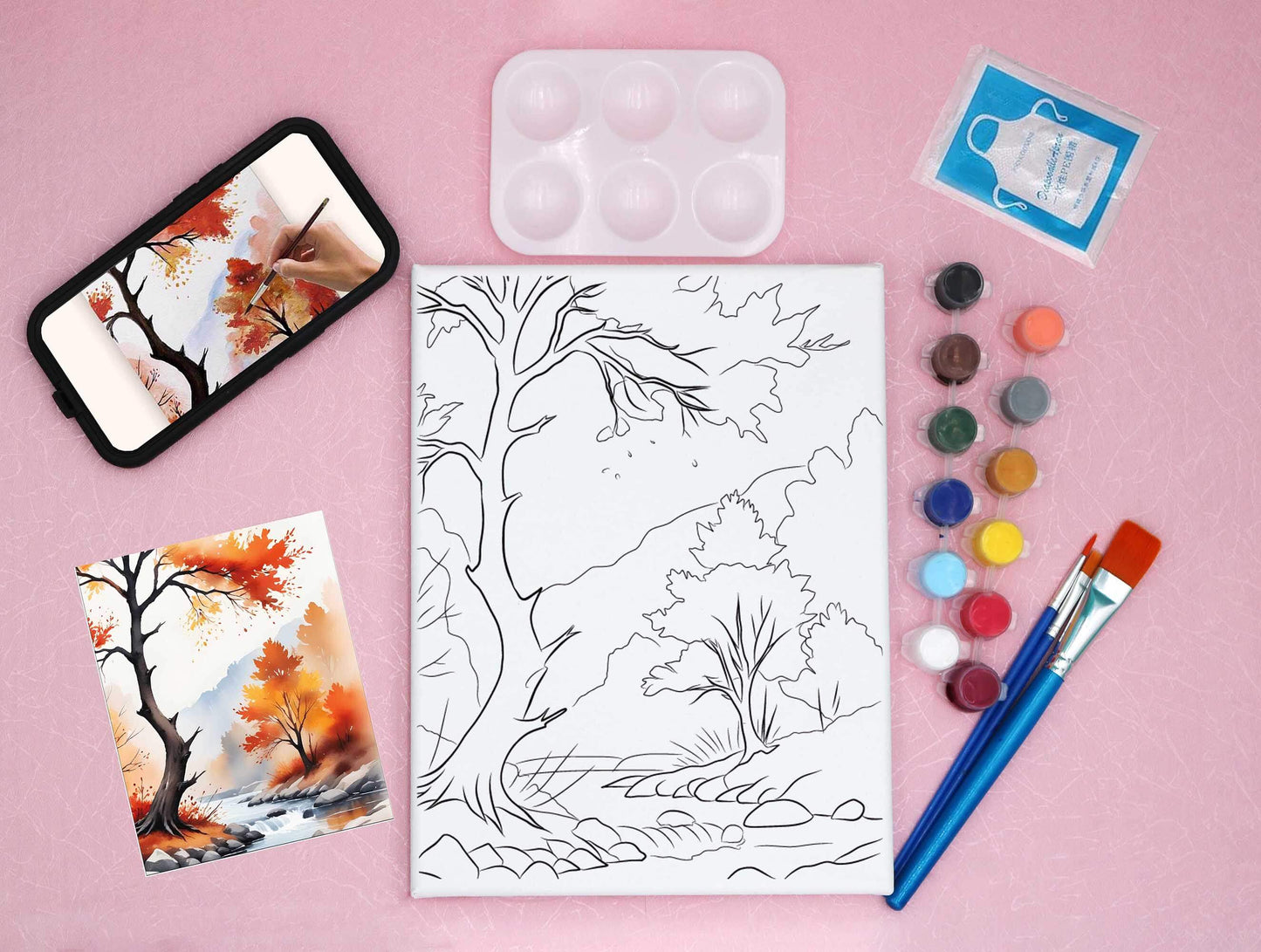 pre-drawn canvas kit with video, acrylic paints, art palette and reference card, featuring autumn fall tree and river