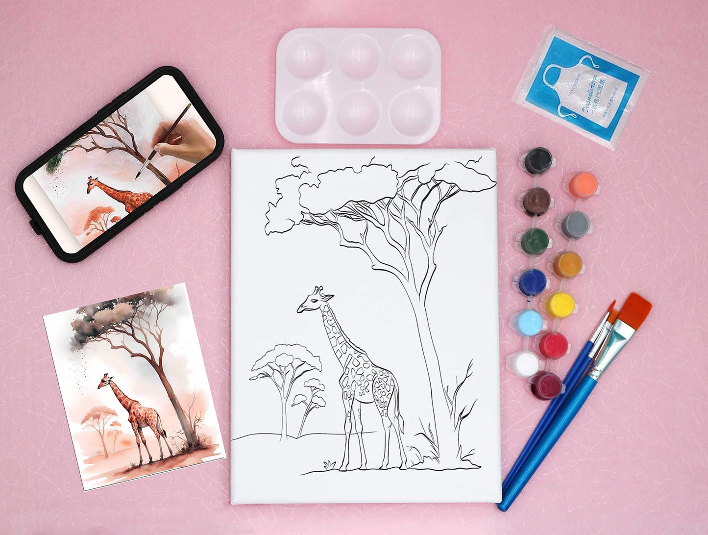 pre-drawn canvas kit with video, acrylic paints, art palette and reference card, featuring a giraffe in the savanna