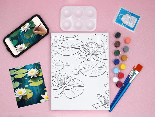 pre-drawn canvas kit with video, acrylic paints, art palette and reference card, featuring a pond of lilies