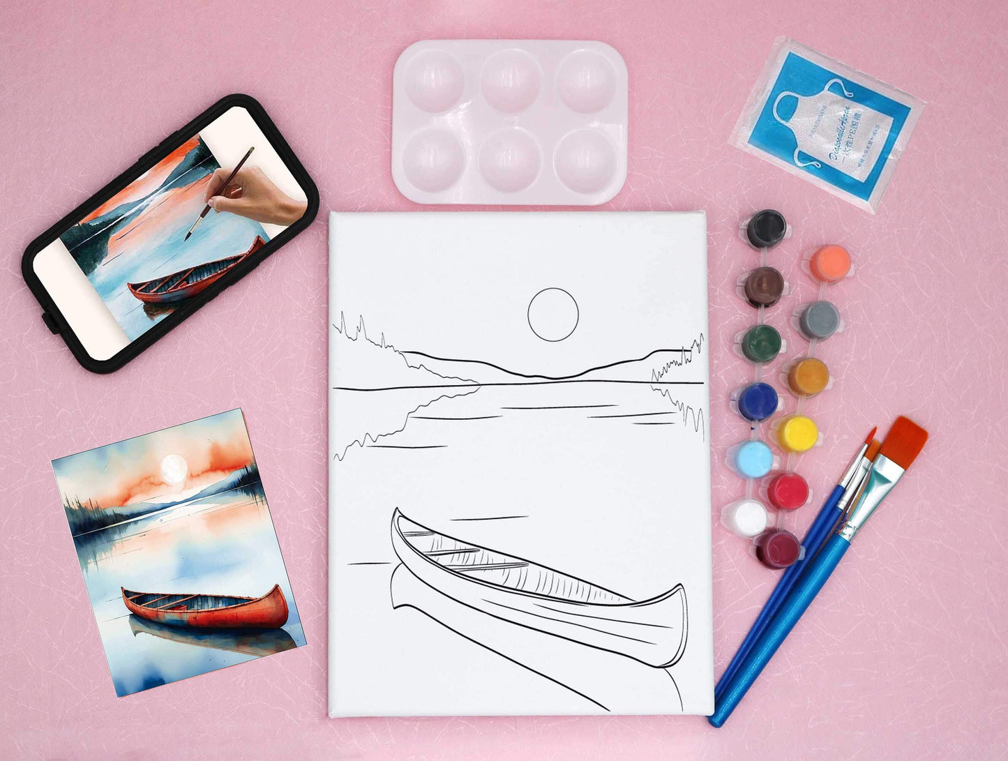 pre-drawn canvas kit with video, acrylic paints, art palette and reference card, featuring a lake and a canoe