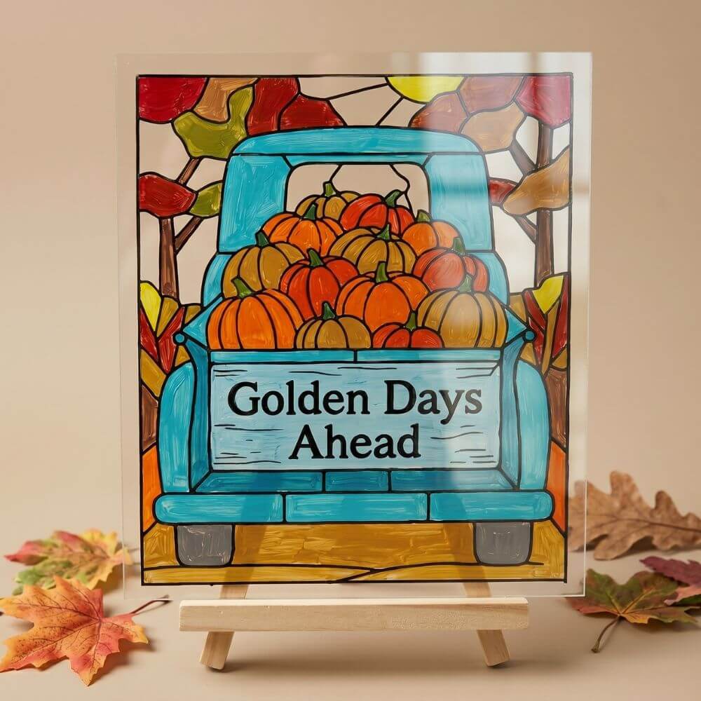 Golden Days Ahead Fall Pumpkin Truck Faux Stained Glass Painting – Color-by-Number Art