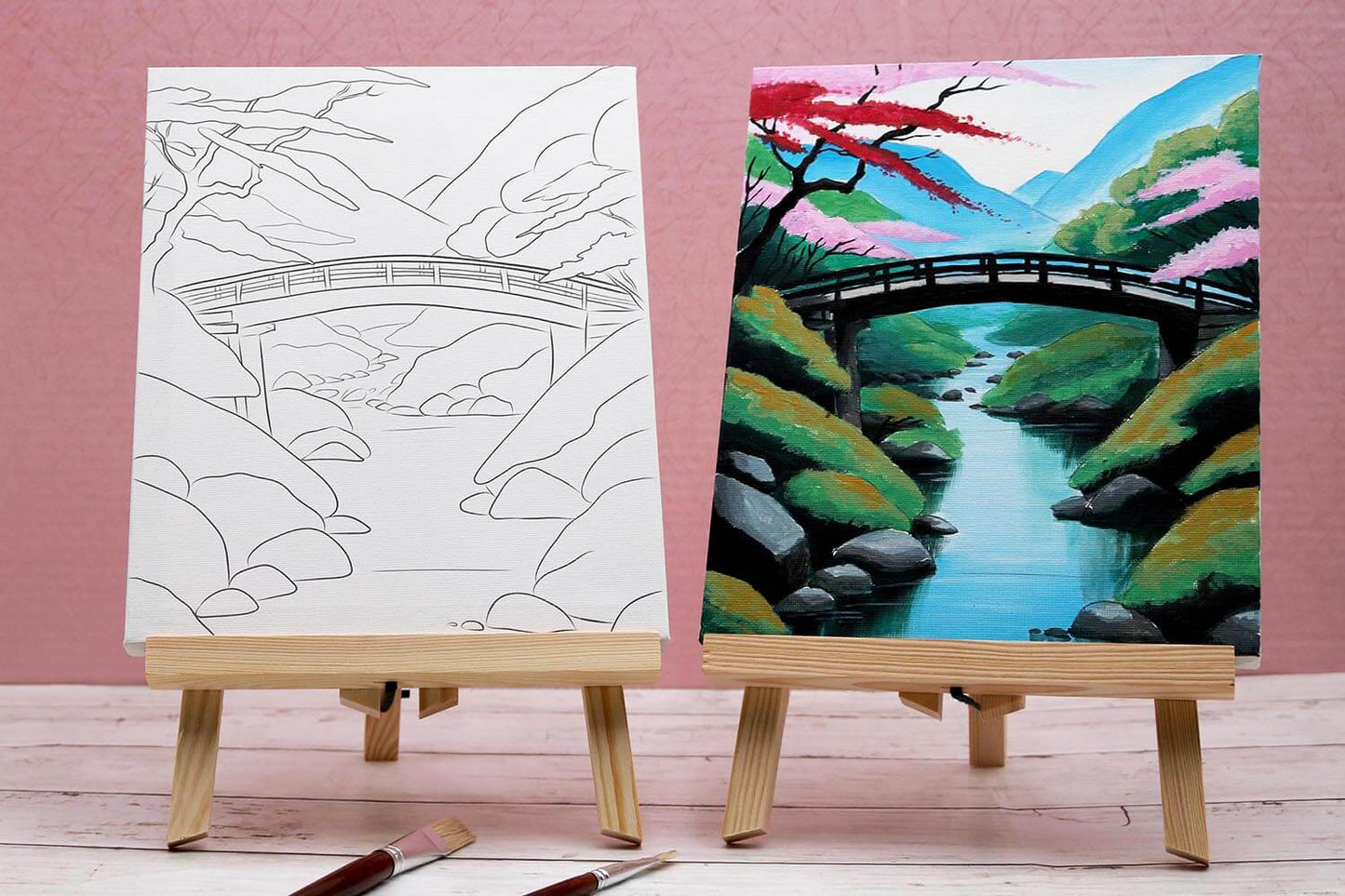 Before and after of a pre-drawn canvas acrylic painting featuring a bridge and a river