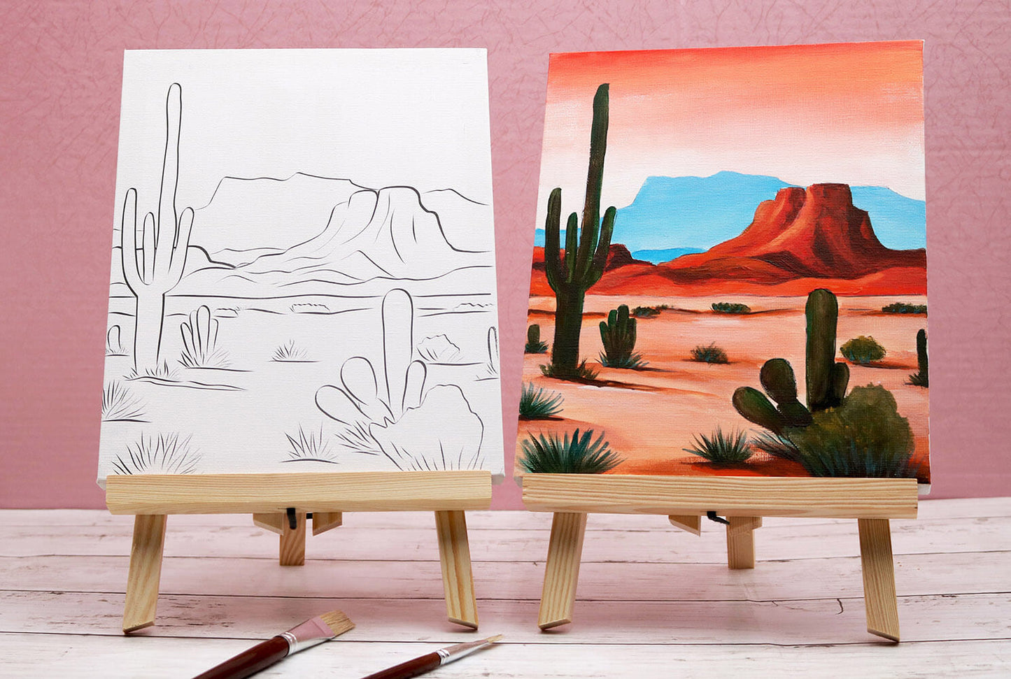 Before and after of a pre-drawn canvas acrylic painting featuring a desert landscape
