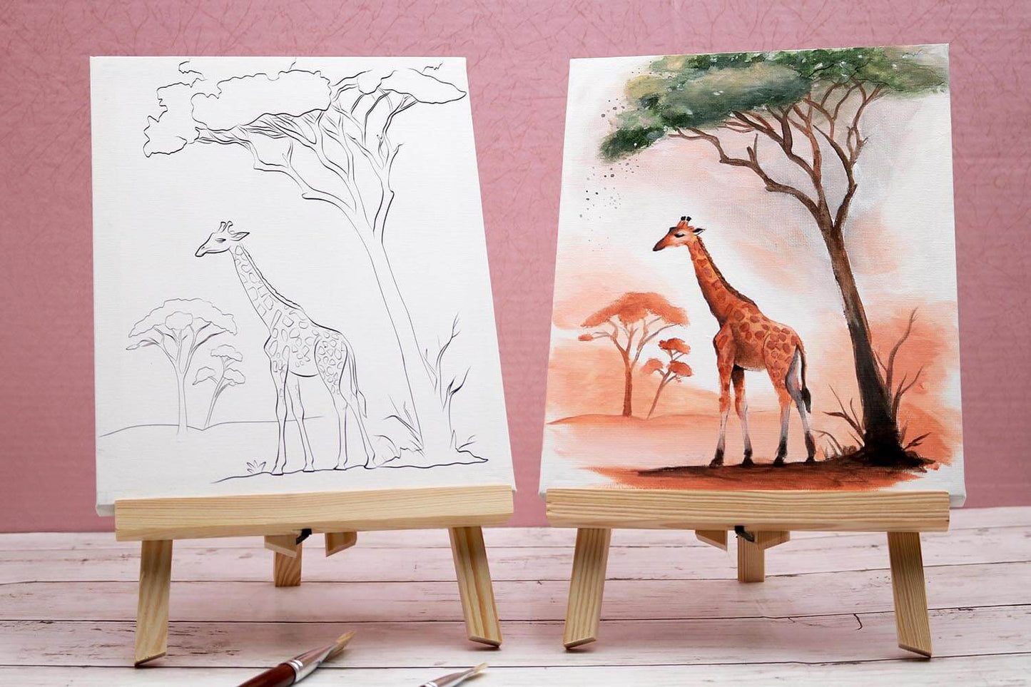 Before and after of a pre-drawn canvas acrylic painting featuring a giraffe in the savanna