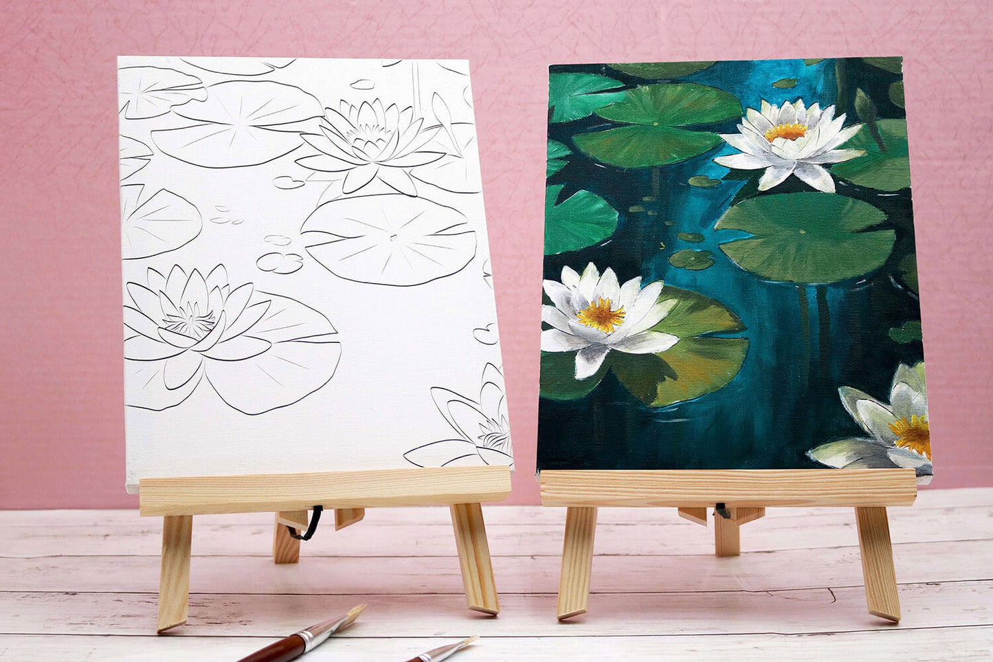 Before and after of a pre-drawn canvas acrylic painting featuring a pond of lilies