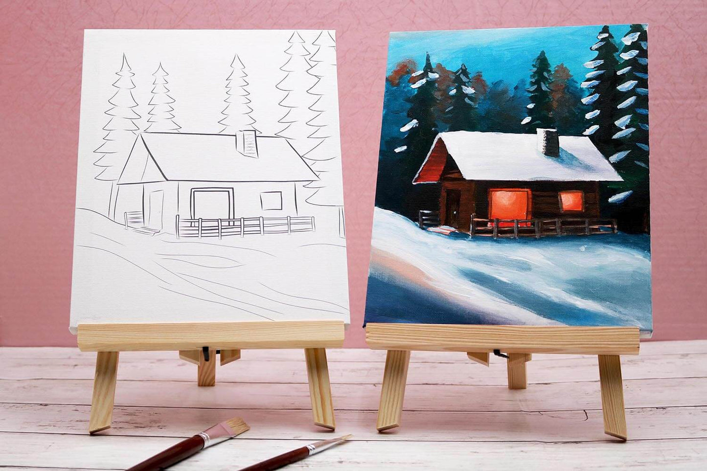 Before and after of a pre-drawn canvas acrylic painting featuring winter snow and a cabin