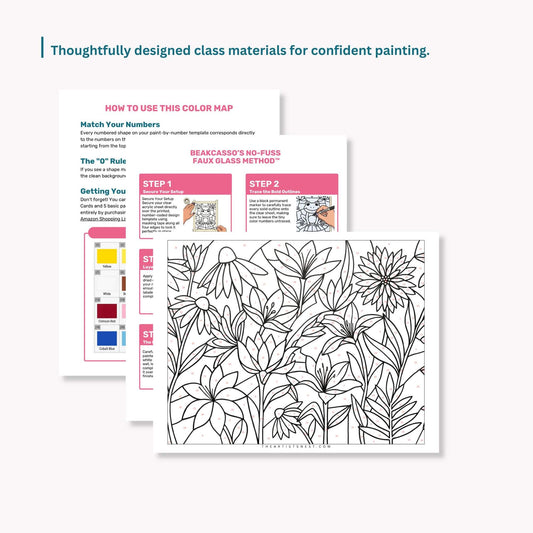 Colorful floral artwork on a clear plexiglass against a beige background