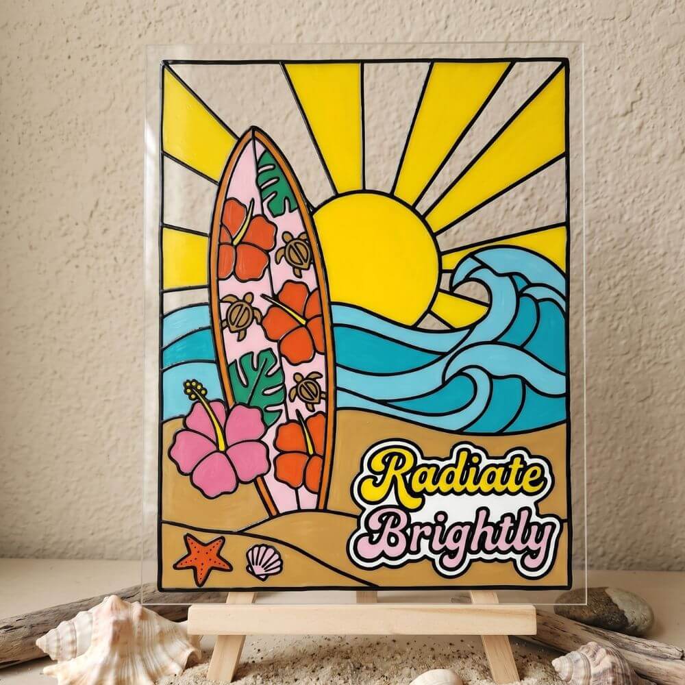 Radiate Brightly Tropical Surfboard Faux Stained Glass Painting – Color-by-Number Art