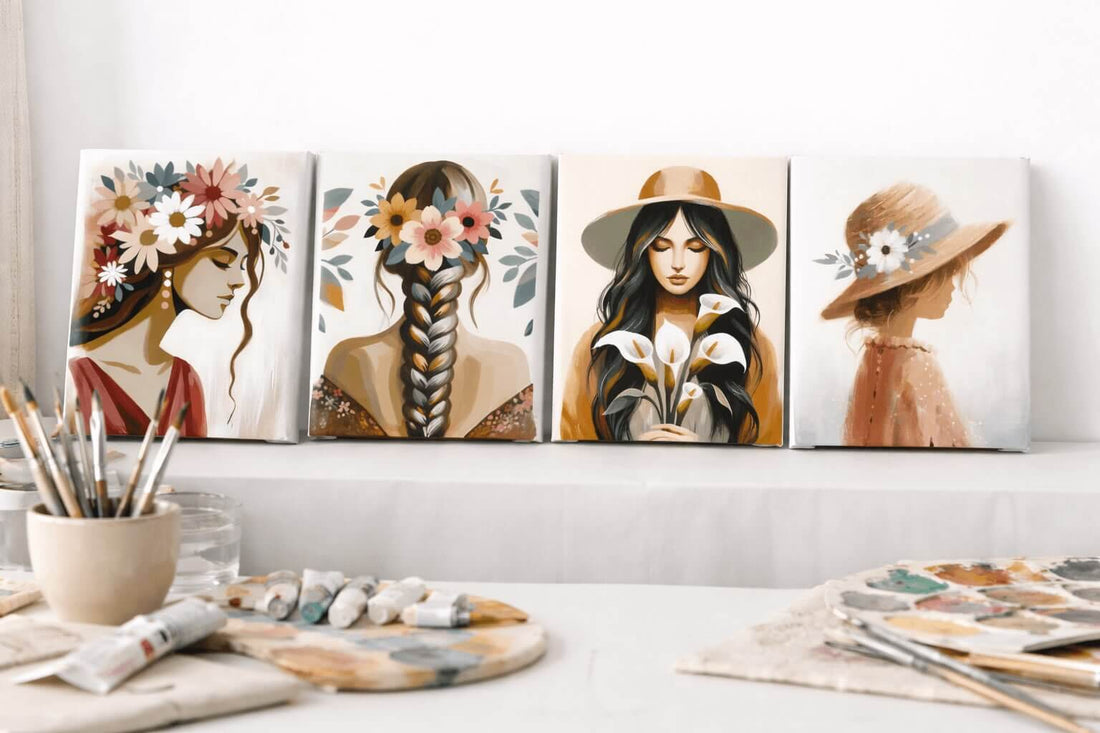 Four feminine floral portrait canvas paintings arranged in a row on a white table, featuring soft neutral tones, flower crowns, braided hair, calla lilies, and a straw hat design, styled for a paint party display.