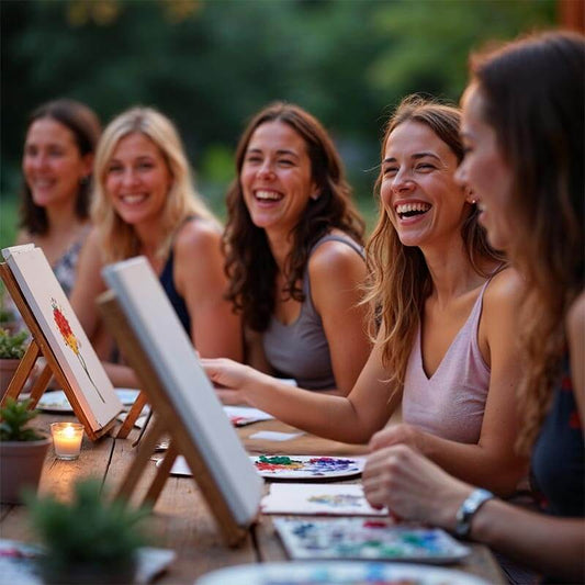 picture of young women enjoying a paint night in the garden, smiling