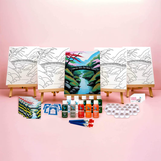 Paint Party Bundle showing all included items: five pre-drawn 8x10 canvases, five wooden easels, five reference cards, five video access cards, paint palettes, brushes, aprons, and paints.