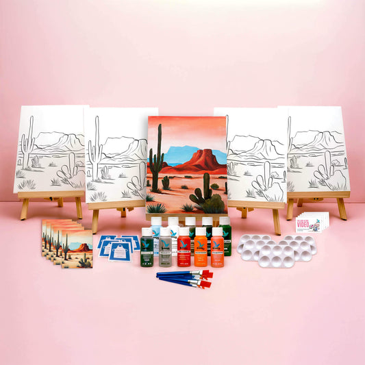 Paint Party Bundle showing all included items: five pre-drawn 8x10 canvases, five wooden easels, five reference cards, five video access cards, paint palettes, brushes, aprons, and paints.