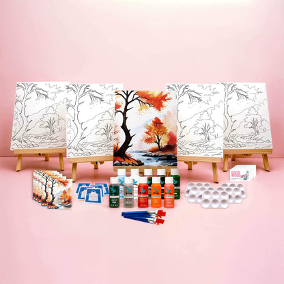 Paint Party Bundle showing all included items: five pre-drawn 8x10 canvases, five wooden easels, five reference cards, five video access cards, paint palettes, brushes, aprons, and paints.