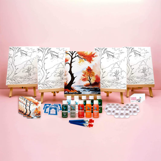 Paint Party Bundle showing all included items: five pre-drawn 8x10 canvases, five wooden easels, five reference cards, five video access cards, paint palettes, brushes, aprons, and paints.