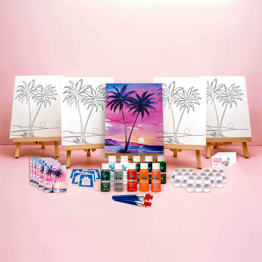 Paint Party Bundle showing all included items: five pre-drawn 8x10 canvases, five wooden easels, five reference cards, five video access cards, paint palettes, brushes, aprons, and paints.