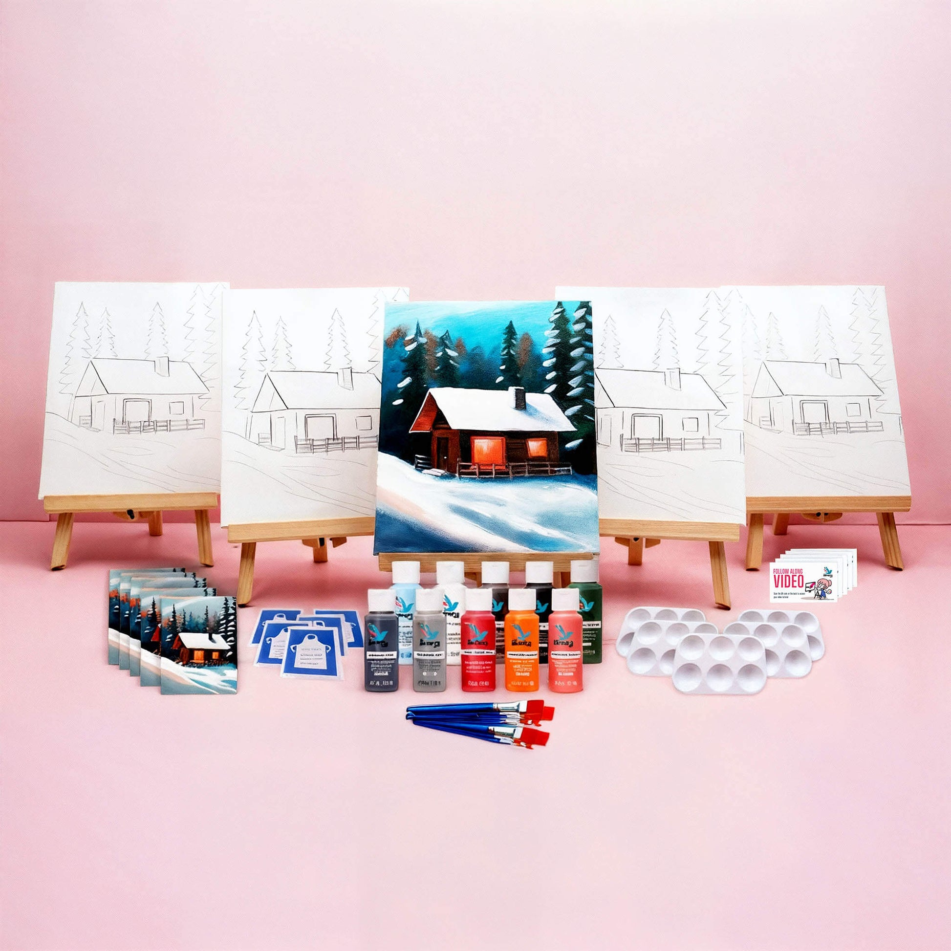 Paint Party Bundle showing all included items: five pre-drawn 8x10 canvases, five wooden easels, five reference cards, five video access cards, paint palettes, brushes, aprons, and paints.