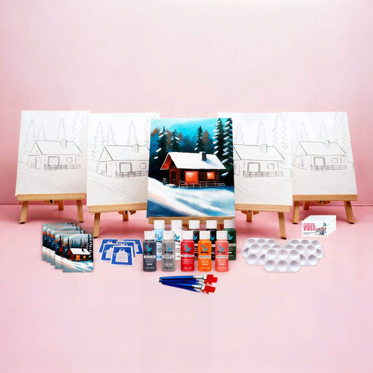 Paint Party Bundle showing all included items: five pre-drawn 8x10 canvases, five wooden easels, five reference cards, five video access cards, paint palettes, brushes, aprons, and paints.