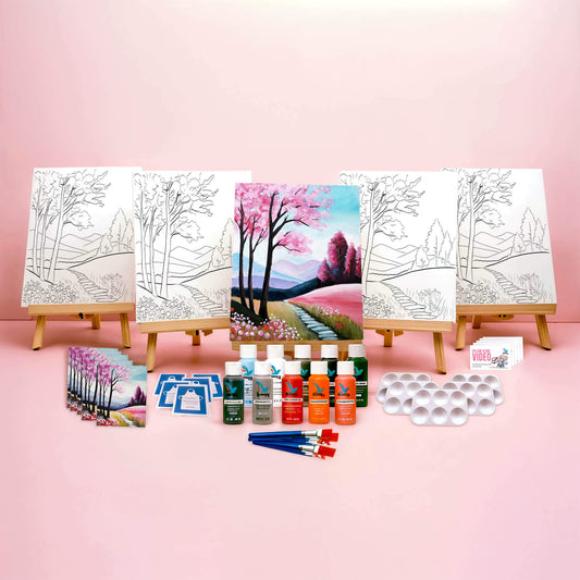 Paint Party Bundle showing all included items: five pre-drawn 8x10 canvases, five wooden easels, five reference cards, five video access cards, paint palettes, brushes, aprons, and paints.