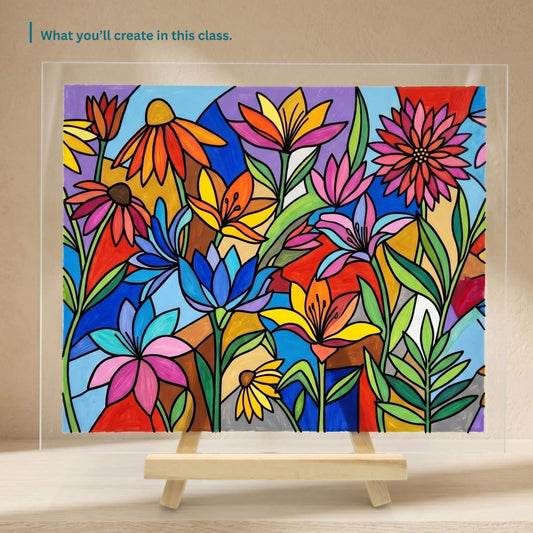 Colorful floral artwork on a clear plexiglass against a beige background