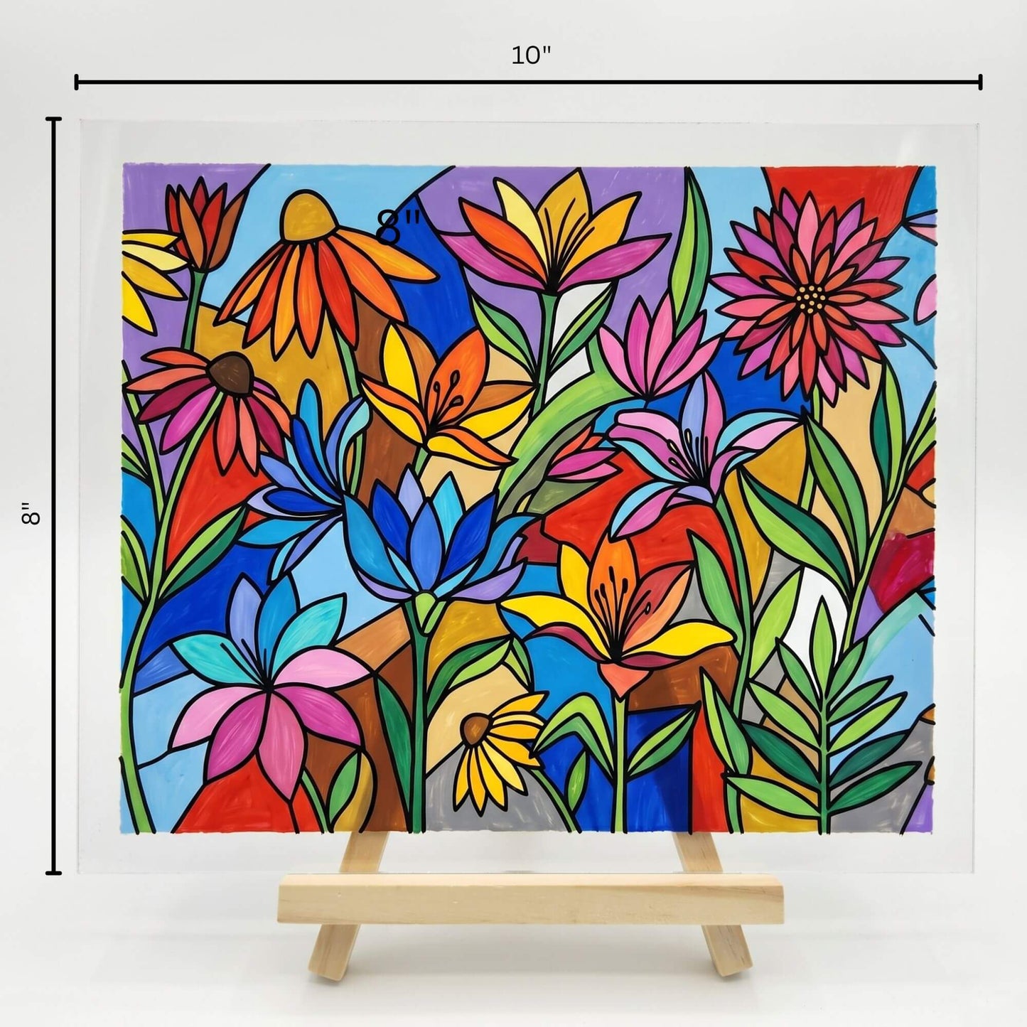 Colorful floral faux stained-glass artwork on a white background with dimensions indicated.