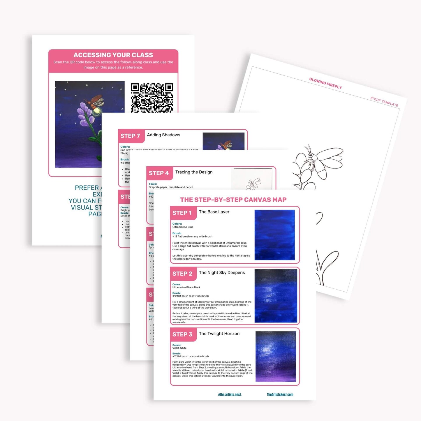 A set of printed art instruction sheets arranged on a light gray background. The sheets include a class access card with a QR code, step-by-step instructions for creating a canvas map, and a blank sheet with simple line drawings.