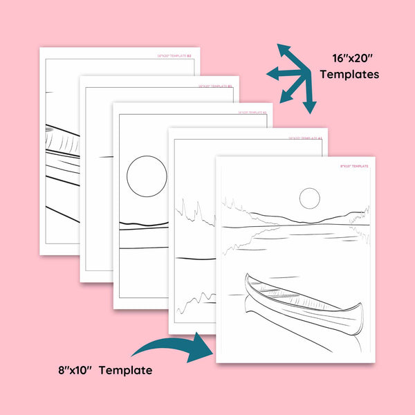 templates of a lake scene for a DIY pre drawn canvas for easy acrylic painting