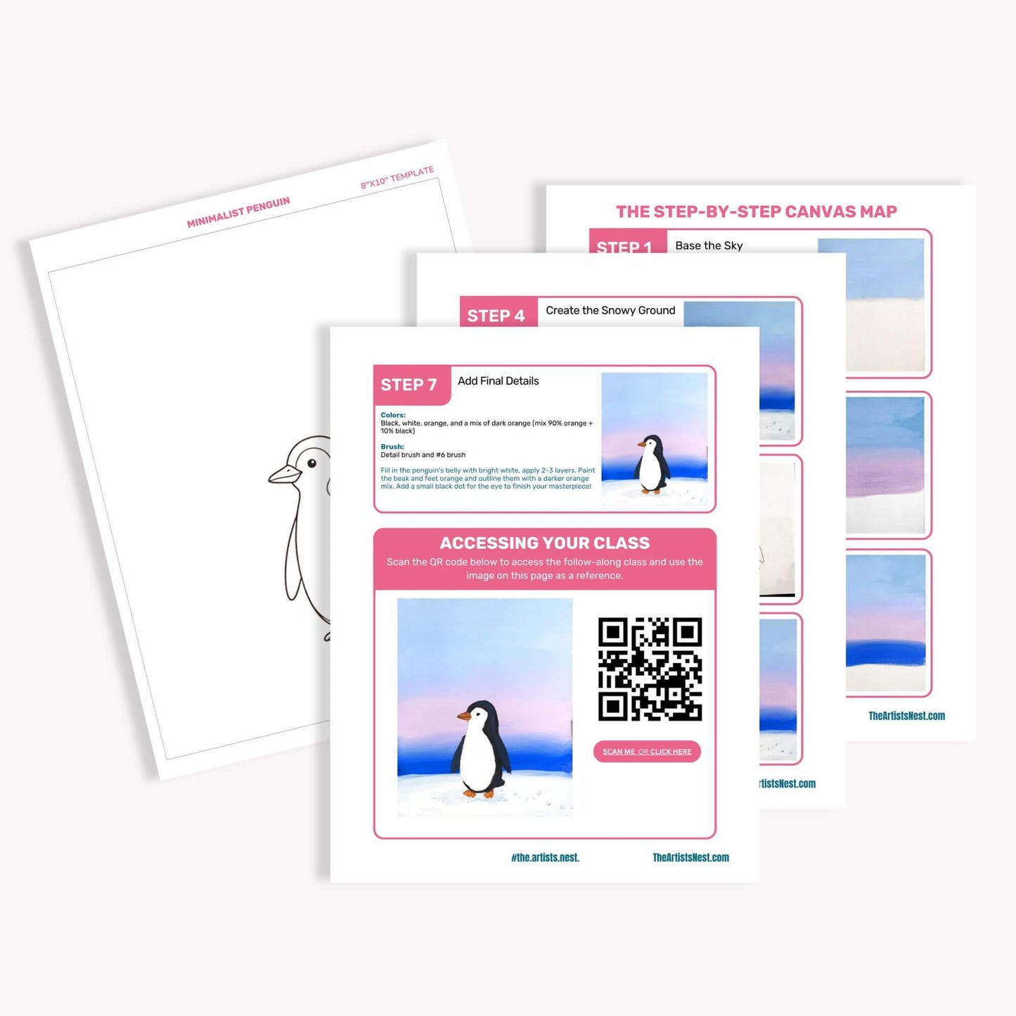 Three printed lesson-plan sheets fanned out on a light gray background. The front sheet shows a penguin photo, a QR code, and pink and blue instructional panels labeled Step 1 through Step 4 and 'Accessing your class.