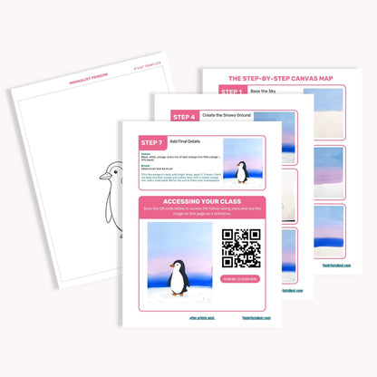 Three printed lesson-plan sheets fanned out on a light gray background. The front sheet shows a penguin photo, a QR code, and pink and blue instructional panels labeled Step 1 through Step 4 and 'Accessing your class.
