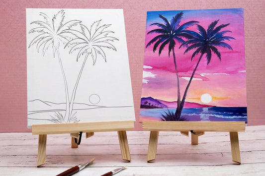 Paint Party Bundle showing all included items: five pre-drawn 8x10 canvases, five wooden easels, five reference cards, five video access cards, paint palettes, brushes, aprons, and paints.