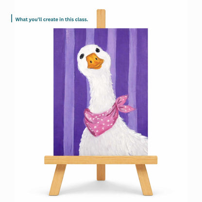 Painting of a goose with a pink bandana on a purple background, displayed on a small easel.