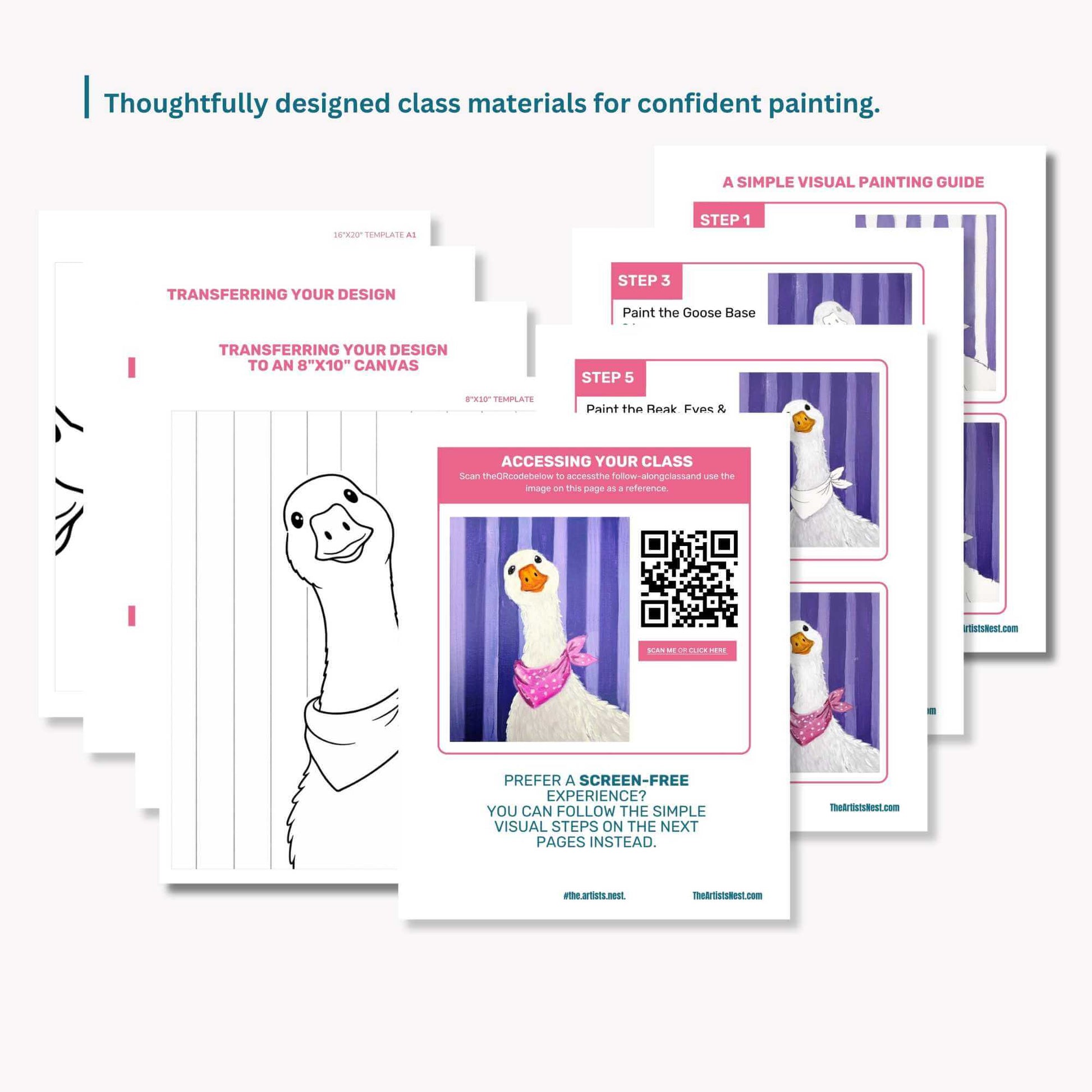 Set of class materials for painting with a cartoon goose design on a white background.