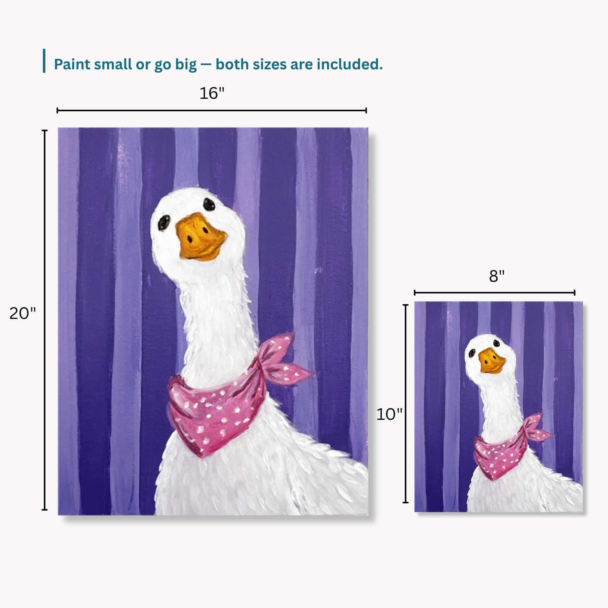 Two sizes of a painting of a goose with a pink bandana on a purple striped background.