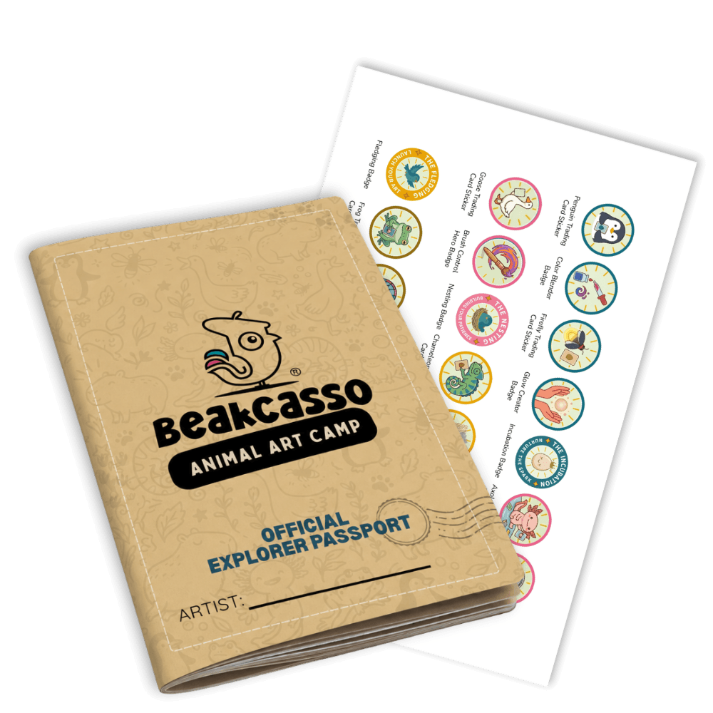BeakCasso Animal Art Camp explorer passport and stickers on a white background