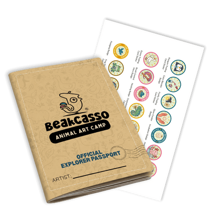 BeakCasso Animal Art Camp explorer passport and stickers on a white background