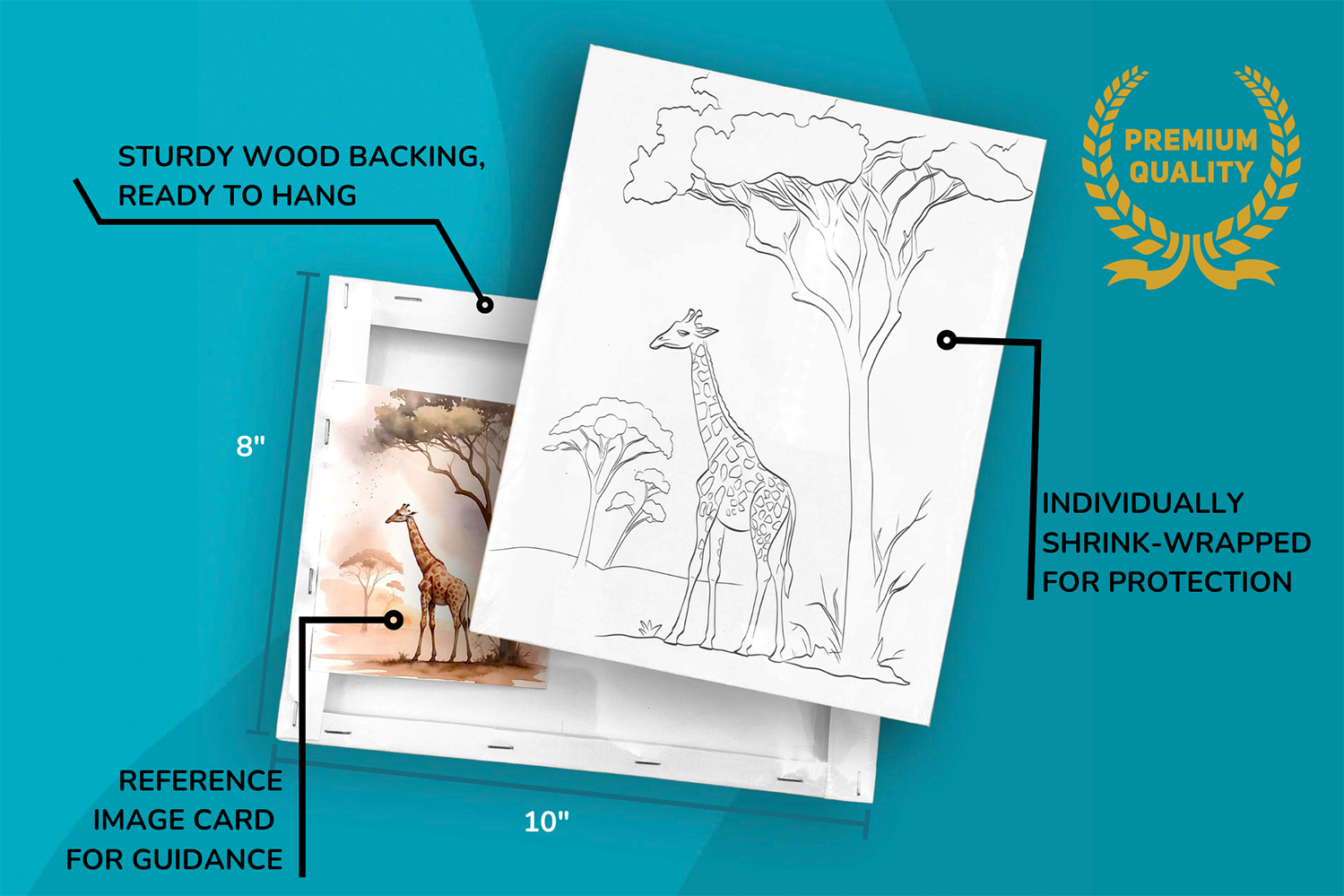 Canvas with wood back, features highlighted on a blue background