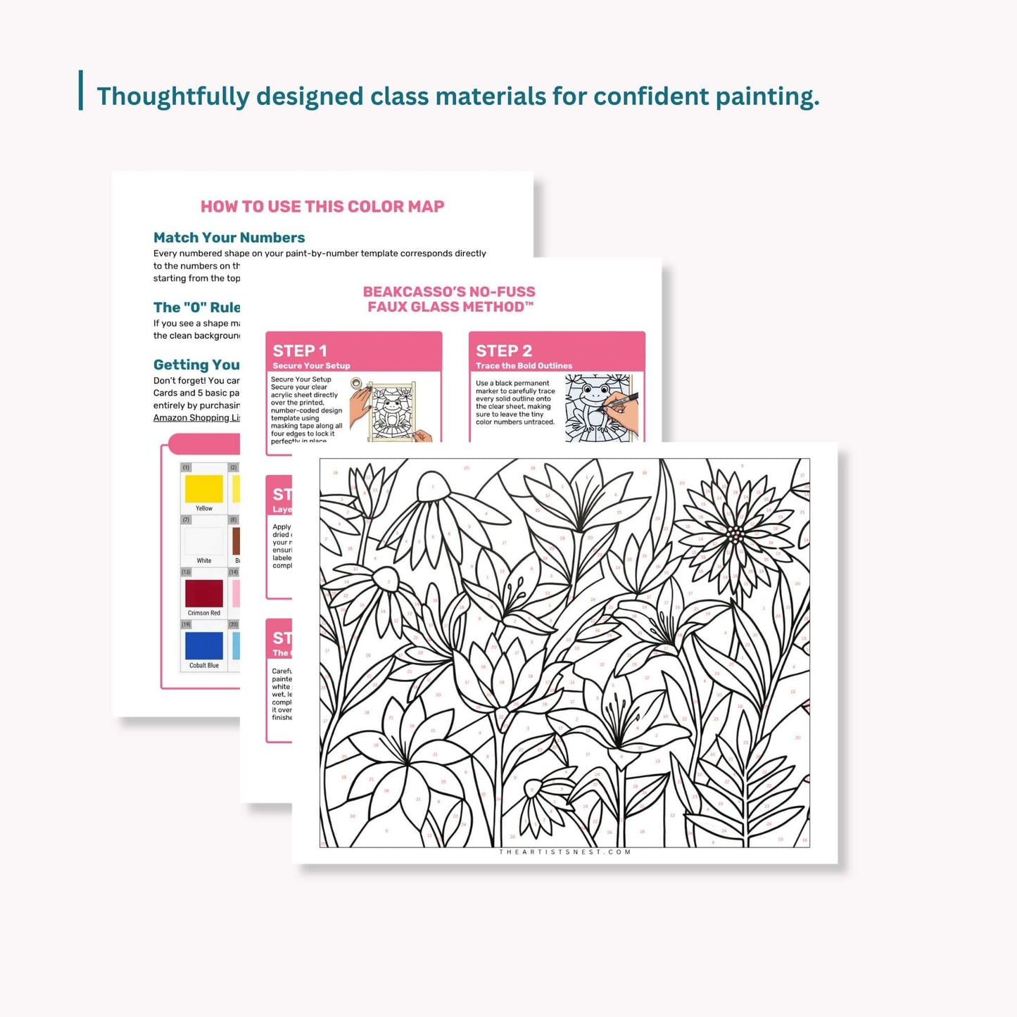 Color map and instructions for confident painting with floral design faux stained-glass 