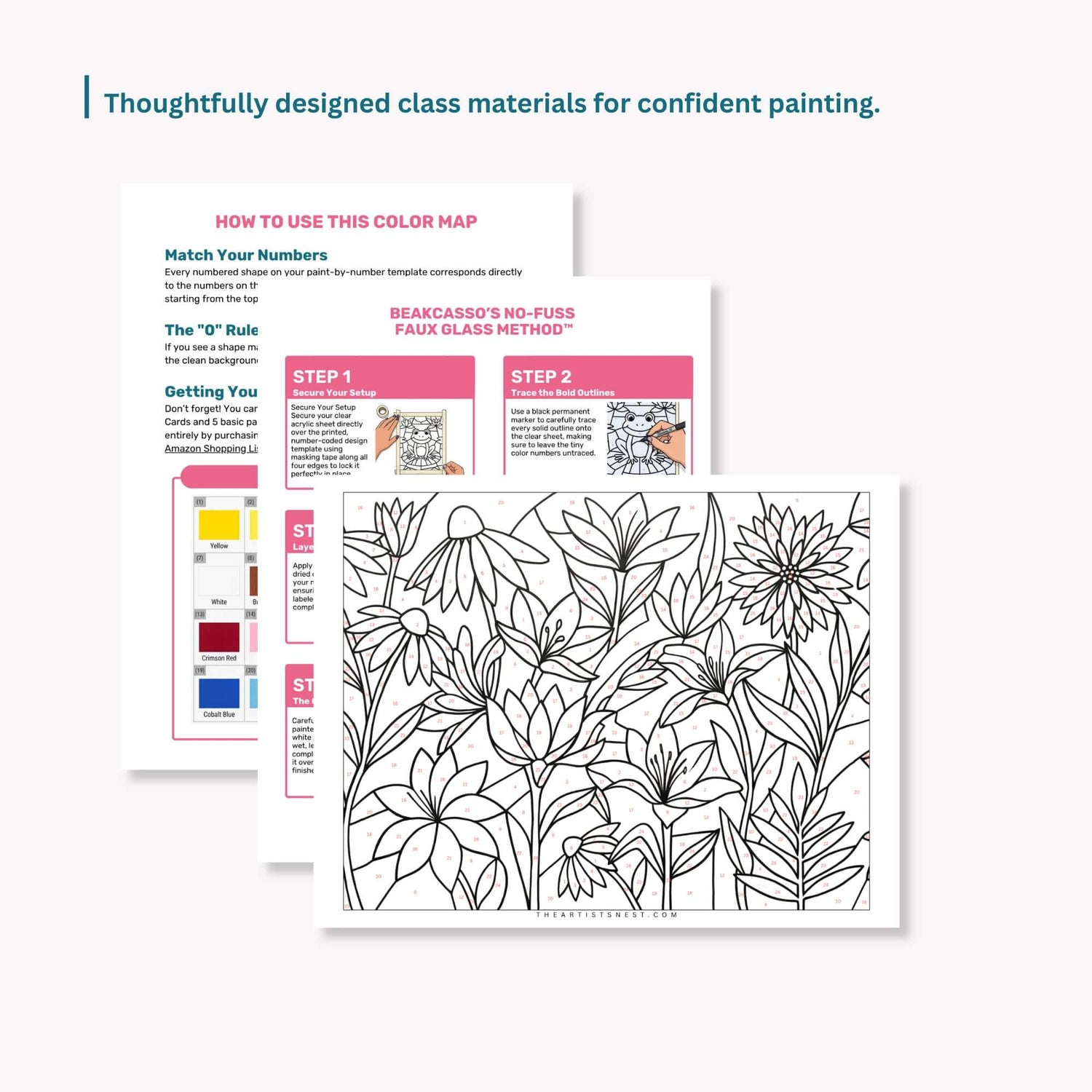 Color map and instructions for confident painting with floral design faux stained-glass 