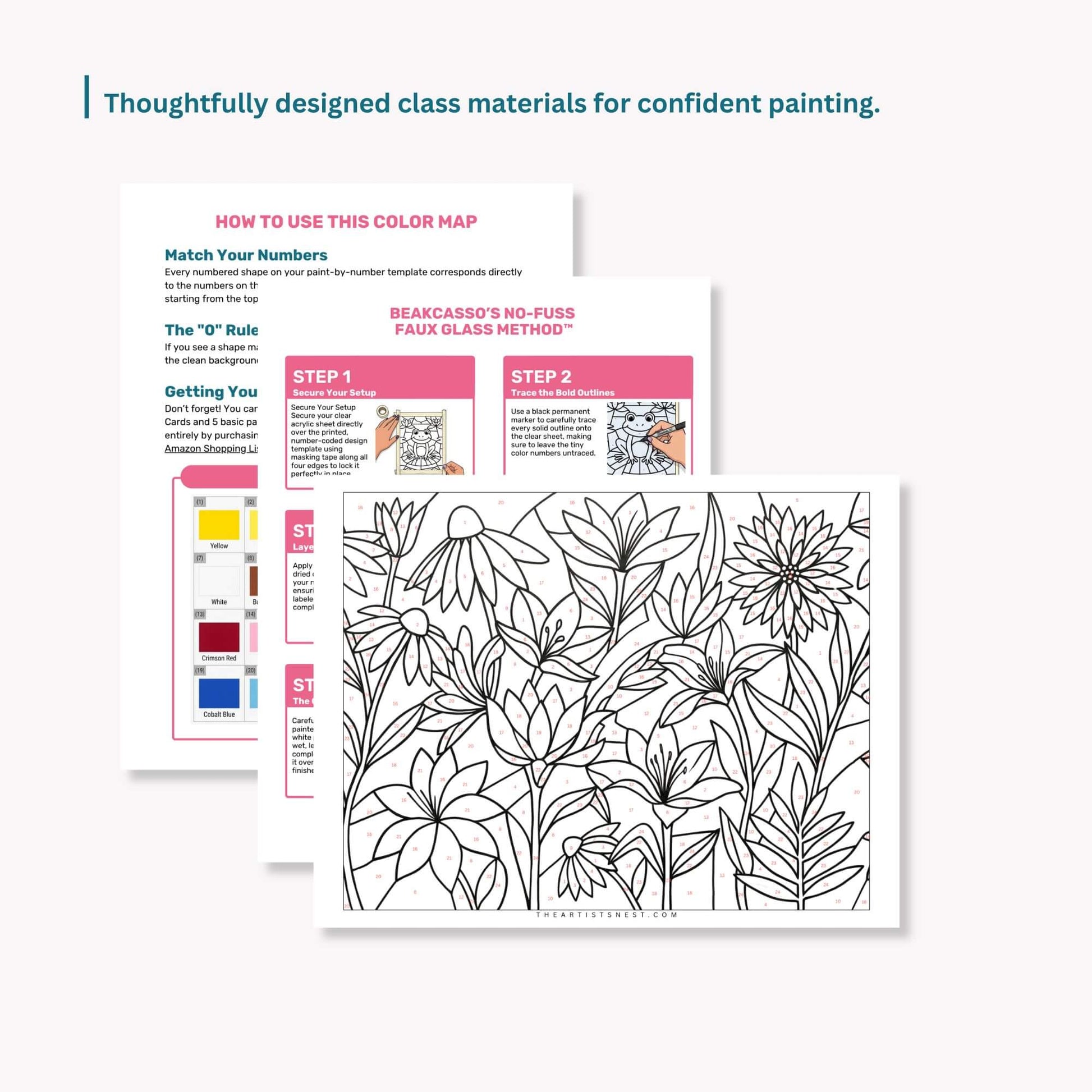 Color map and instructions for confident painting with floral design faux stained-glass 
